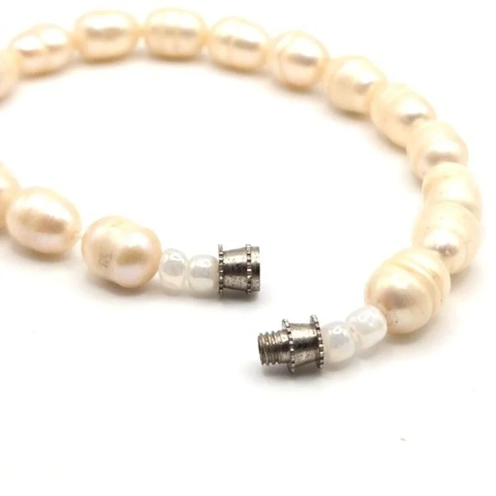 Handmade Cream Colored Baroque Freshwater Pearl Bracelet Silvertone Barrel Clasp